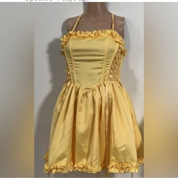 Sugar Thrillz Corset Cinched lace up Cottage Fairy Yellow Ruffle mini Dress - Picture 3 of 9